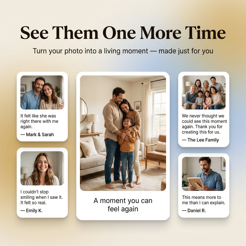 We turn your photo into a lifelike video, so you can feel their presence again.
